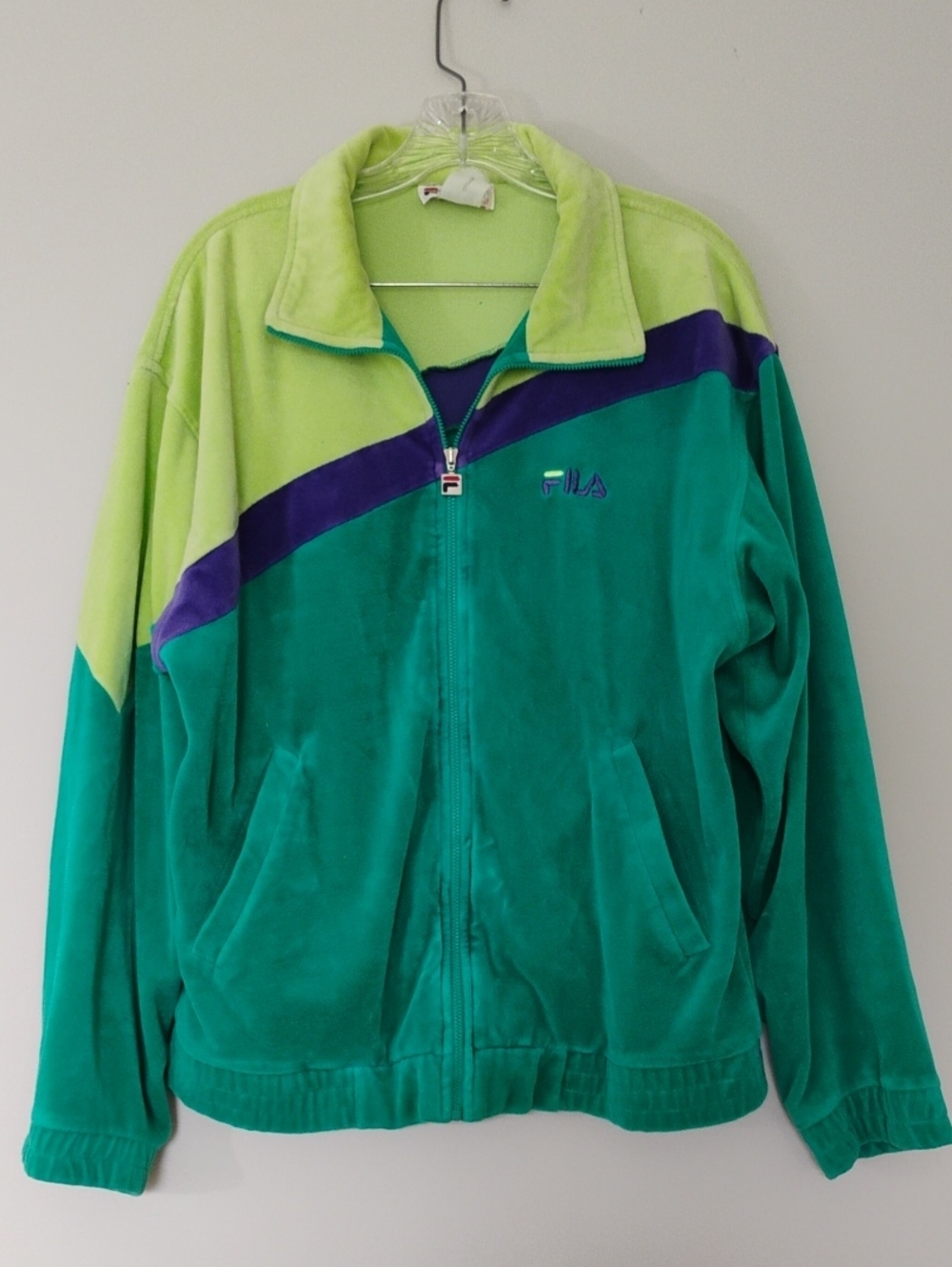 Vintage Unisex Fila Velour Track Jacket Teal Lime Green Purple Zip Retro 90s